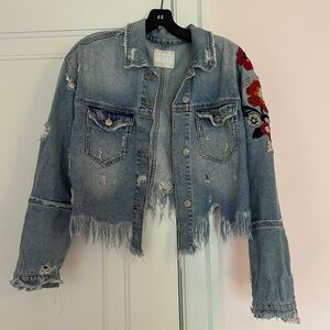 Embroidered Distressed Cropped Denim Jacket